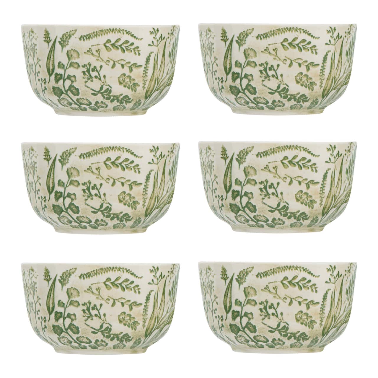 Hello Honey® White Hand Stamped & Embossed Green Pattern Stoneware Bowl Set